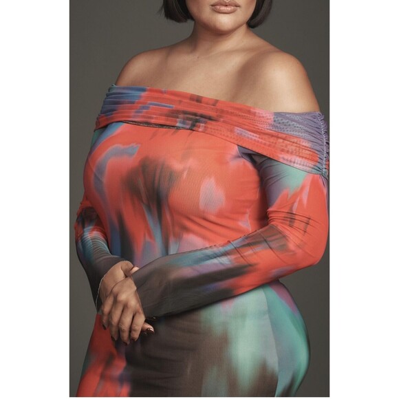 Anthropologie AFRM Midi Dress Pink Off The Shoulder Mesh Preppy Sexy Size 1X NWT - Picture 3 of 12